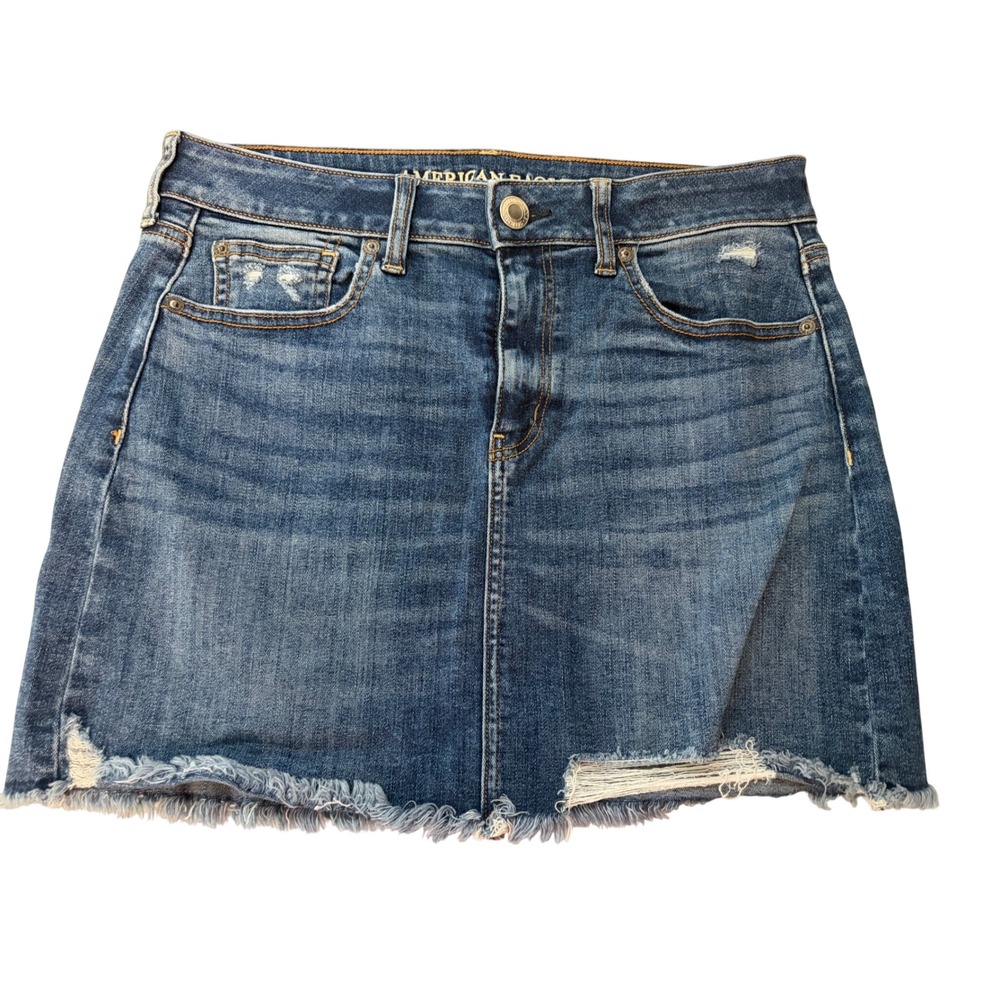American Eagle Denim Mini Skirt 10 Blue Distressed Raw Hem Boho Casual Summer